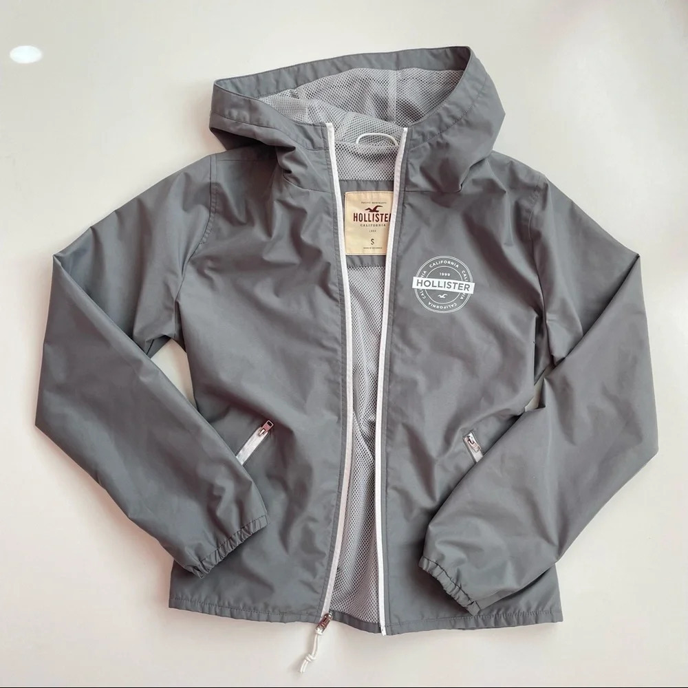 HOLLISTER Hooded Windbreaker Jacket Gray & White Size Small - Picture 2 of 10
